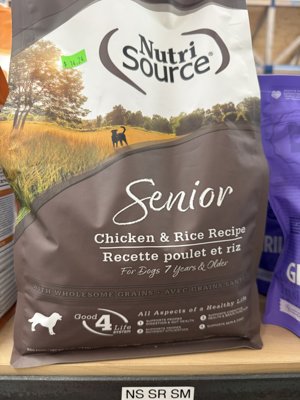 4lb Nutri Source Senior Chicken and Rice 26/10 Dog Food.